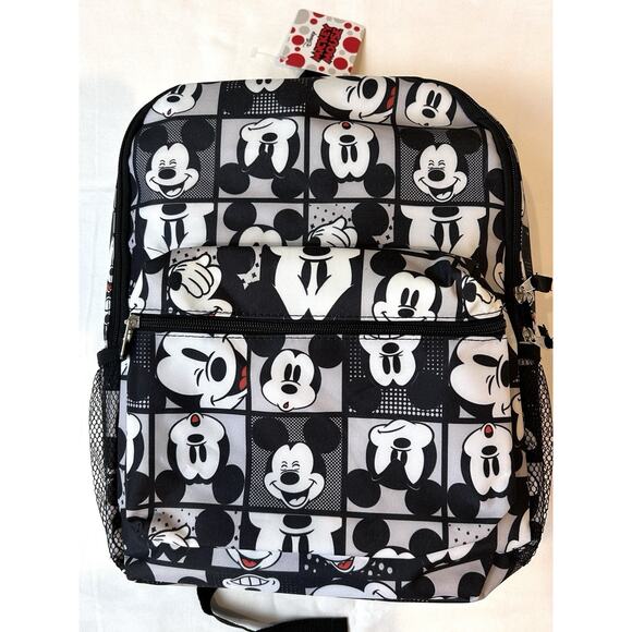 2018 Disney Mickey Mouse Backpack Black‎ White 16” Water Bottle Pockets Kids - Picture 1 of 10